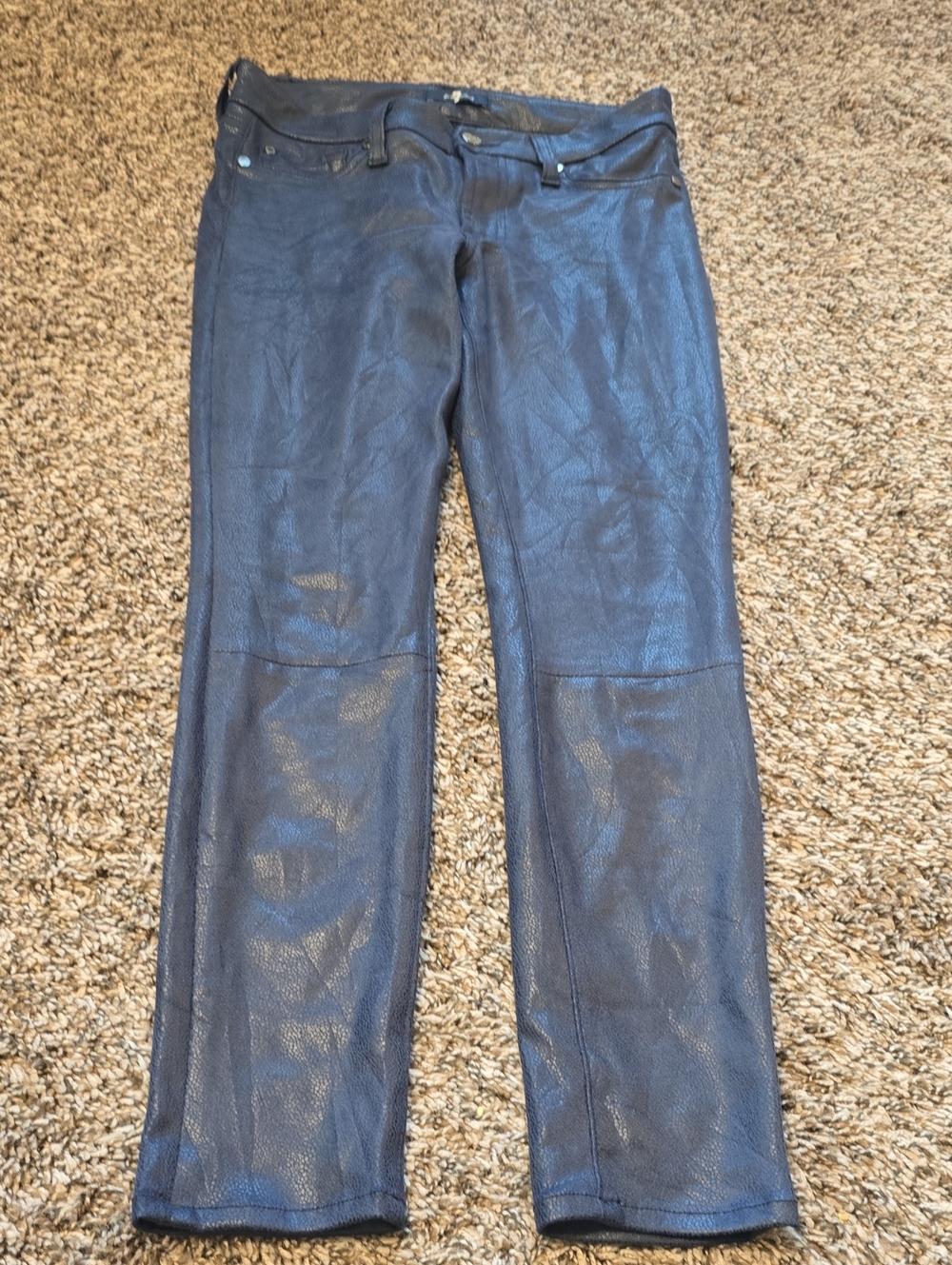 7 For All Mankind Straight Leg Faux Leather Jeans in Black In Seam 27 Inch